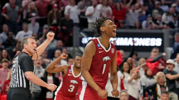 Arkansas Razorbacks guard JD Notae (1) reacts after a play against the Gonzaga Bulldogs during the second half in the semifinals of the West regional of the men's college basketball NCAA Tournament at Chase Center.